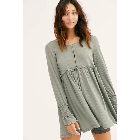 Free People Beach High Tides Mini Dress Baby Doll Boho Long Sleeve Sage Size XS - Picture 1 of 13